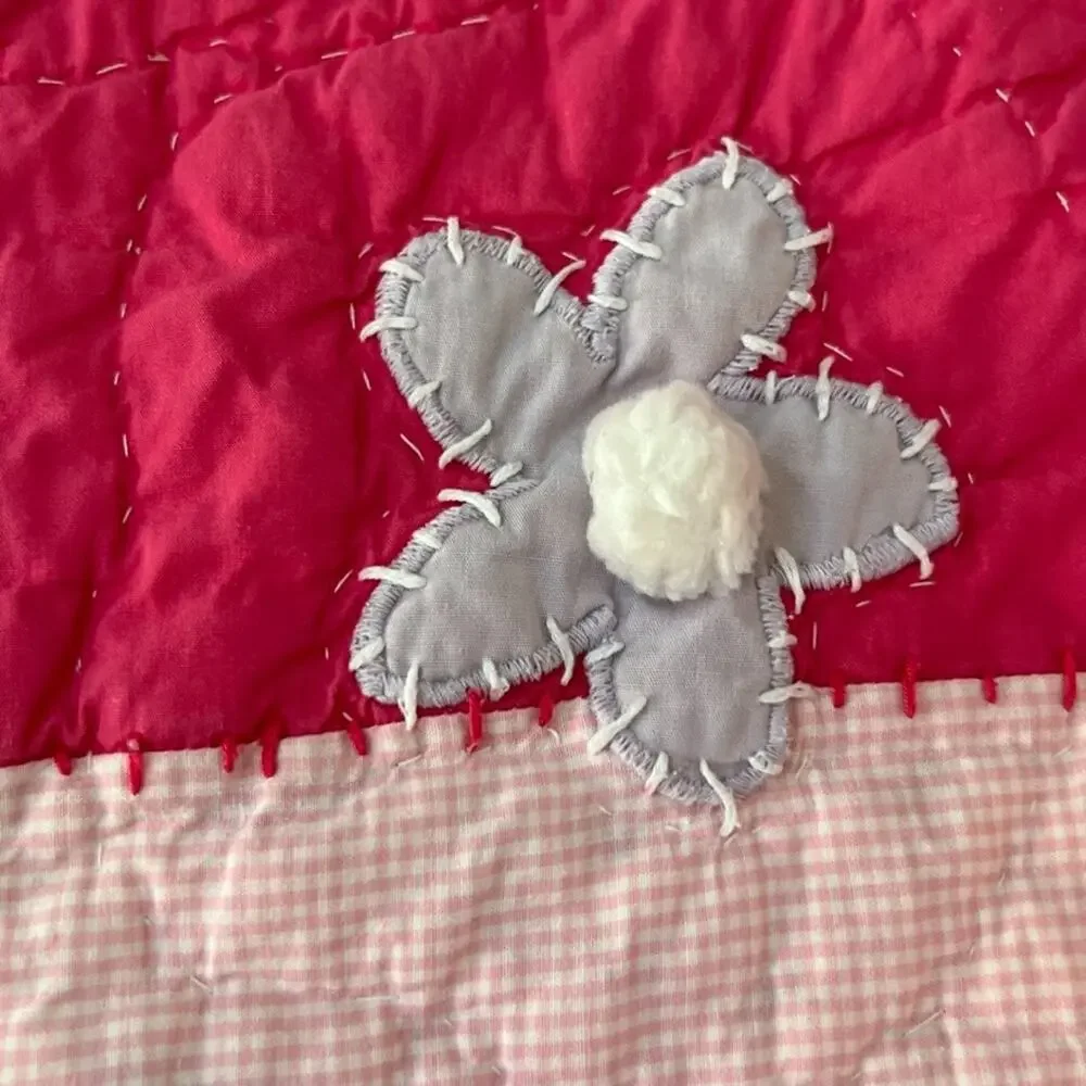 Pottery Barn Kids Quilt Blanket Pink White Flower Patch Fur Trim 86.5